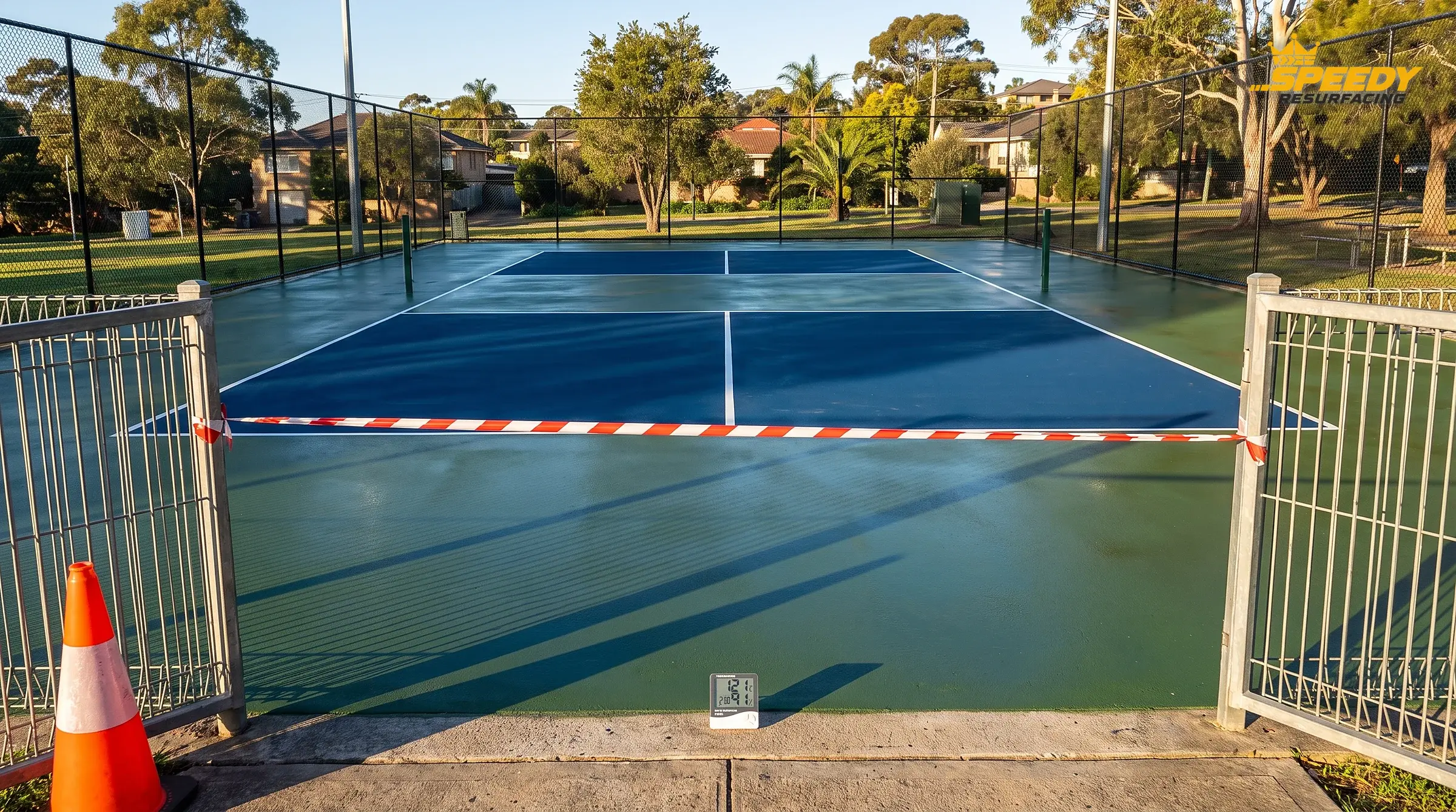 Closed for curing: the colour is touch-dry, but the court stays taped off until the whole system has cured — 24 to 48 hours, longer in humid or cool conditions.