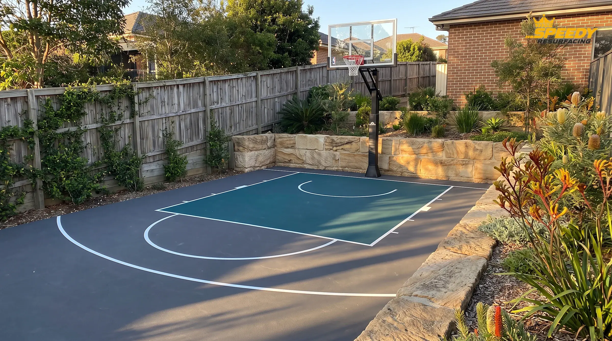 A backyard court shaped by its boundaries — fence, retaining wall and garden beds — with a true regulation key and a scaled three-point arc fitted to the pad.