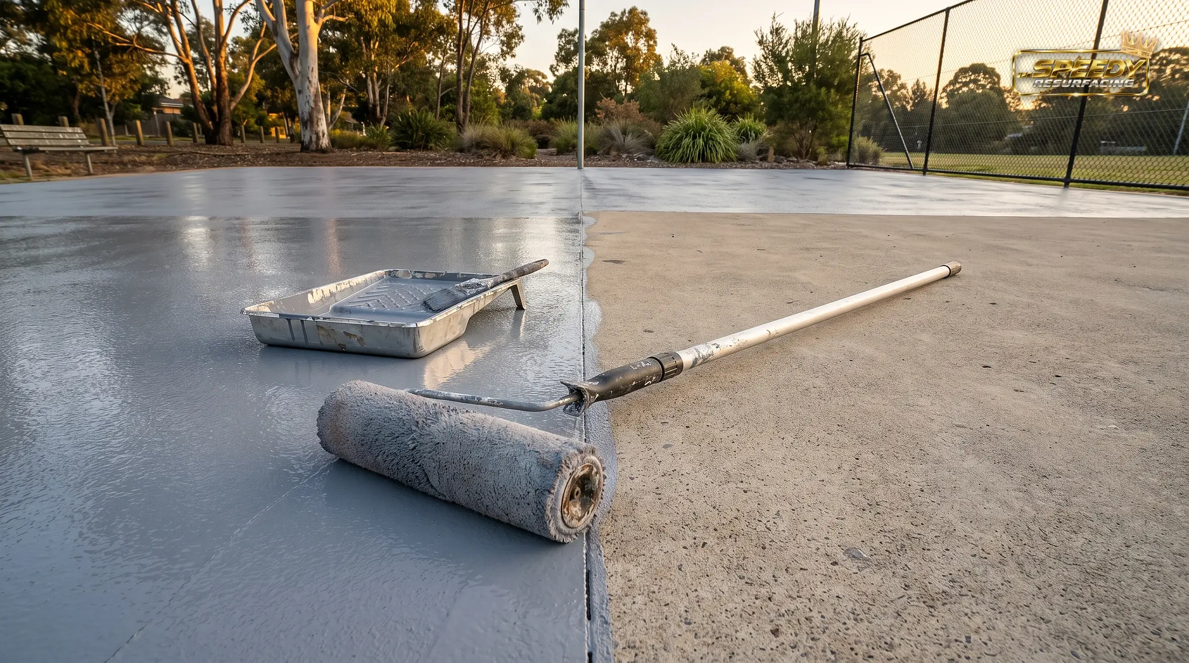 Primer/binder rolled across ground concrete: the sealed half cures evenly, the raw half would drink the first colour coat unevenly.