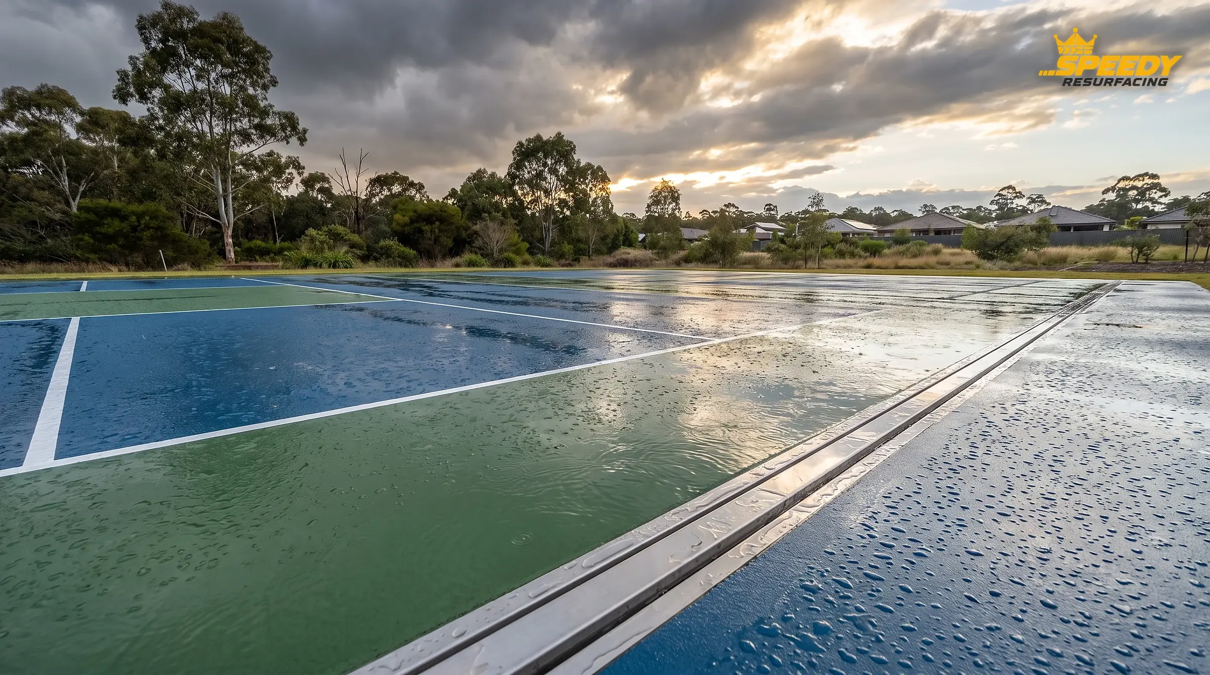 After a Western Sydney downpour: a correctly cross-fallen court sheds water to the perimeter strip drain within minutes — no birdbaths, no algae, no slip hazard.