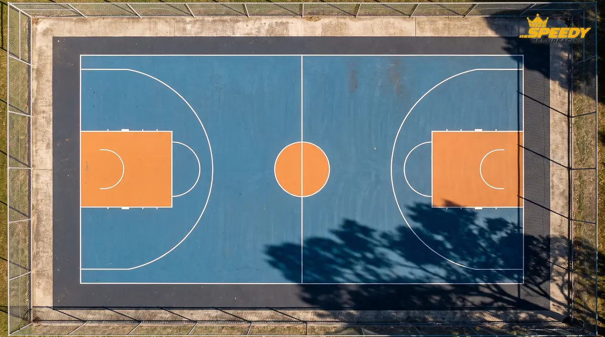 Aerial view of a FIBA full-size basketball court with run-off apron on a Sydney concrete pad