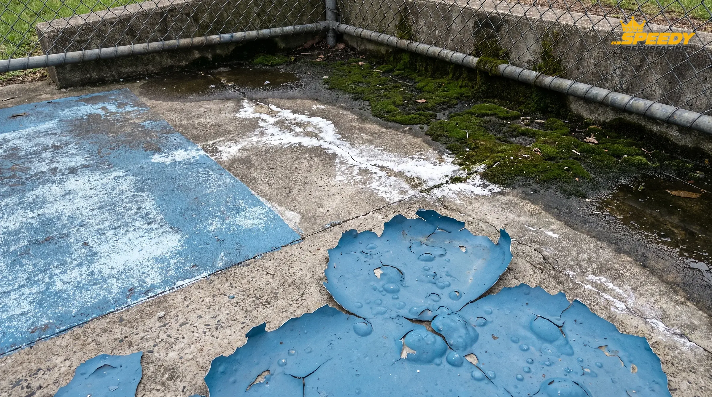Four failures in one corner — sheets of peeling paint, powdery chalking, white efflorescence salts and moss along the shaded edge. None of them can be painted over.