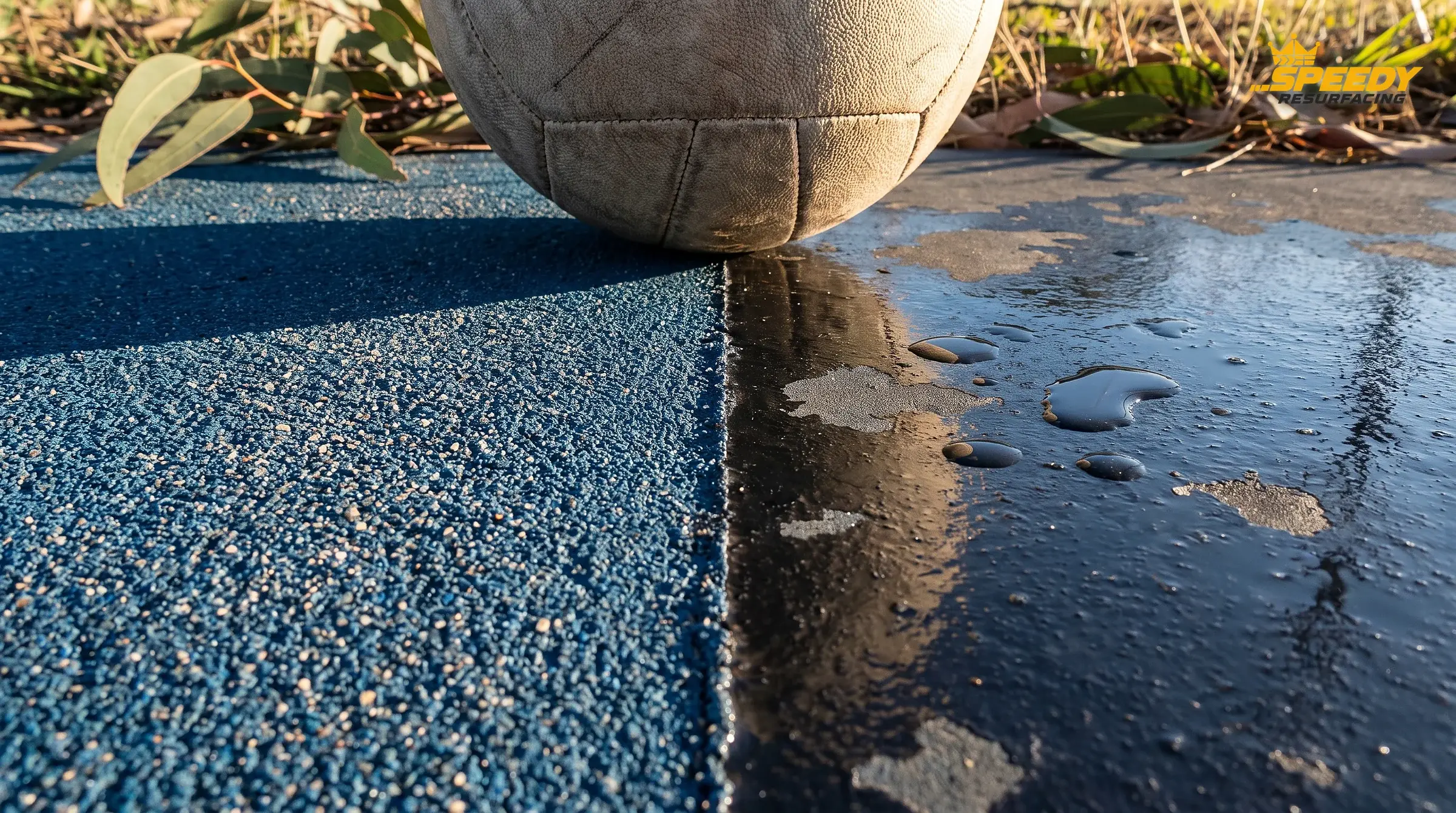 Why netball needs engineered grip: fresh silica-textured acrylic on the left, a polished, glossy worn surface beading water on the right. Netball rules prohibit sliding — the surface must stop the player.