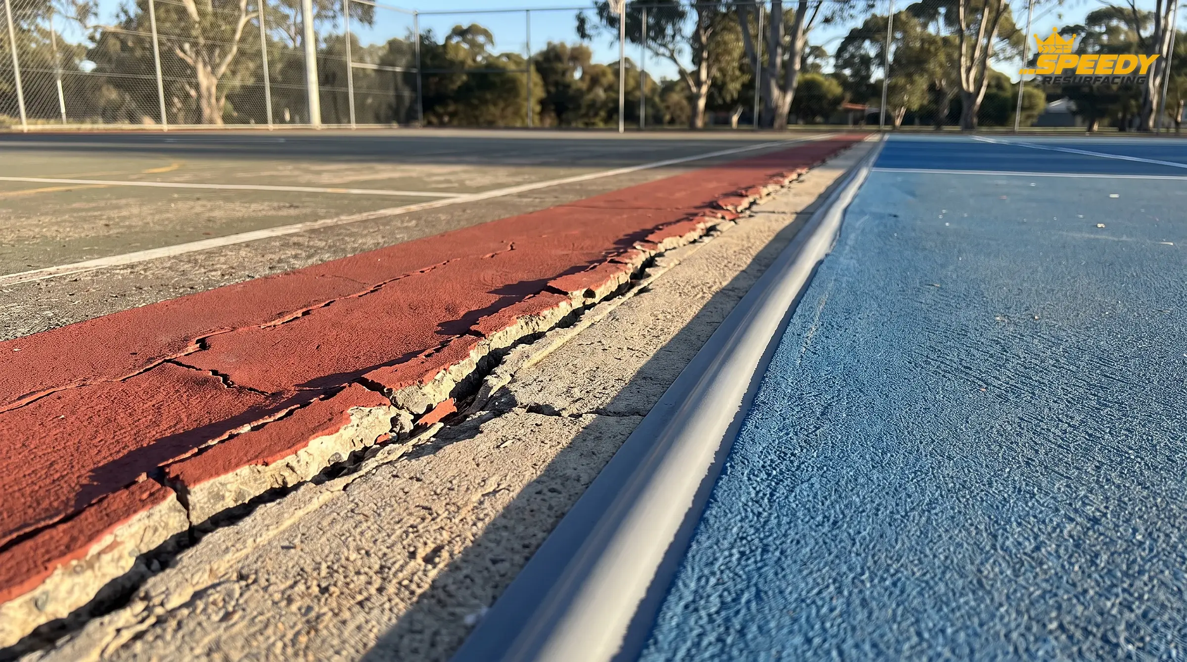 Two halves of the same joint: flexible sealant under the new system on one side; rigid paint laid straight across it on the other — already cracked along the joint.