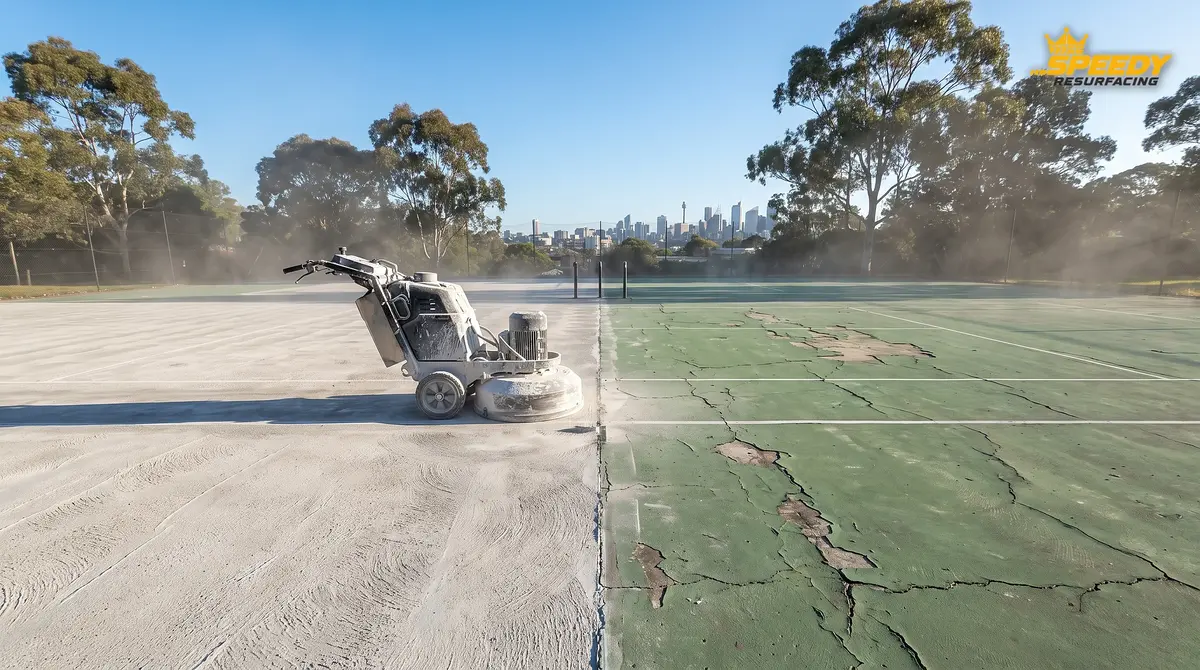 Stage 2 full acrylic resurfacing: tennis court half diamond-ground back to clean concrete with grinder at the boundary