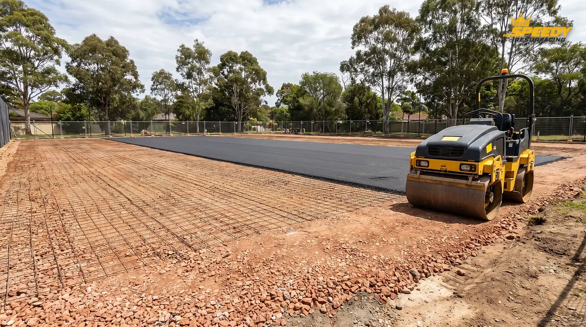 Stage 3 base reconstruction: tennis court with old asphalt removed, compacted subgrade and reinforcing mesh ready for a new slab