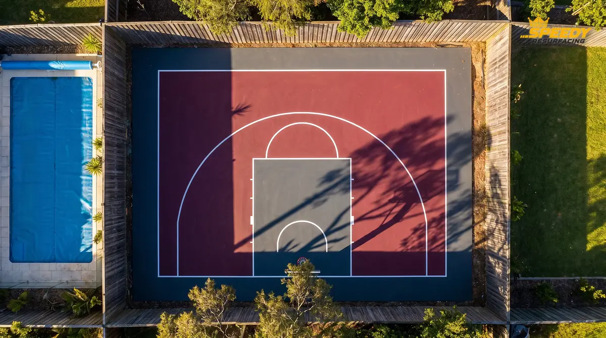Aerial view of a custom compact backyard basketball court in Sydney