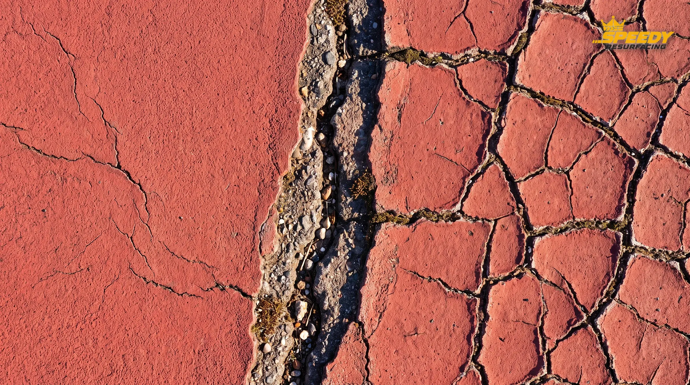 Three cracks, three different problems — fine shrinkage hairlines (left), a deep structural fracture through the slab (centre) and networked alligator crazing (right). Each is triaged and repaired differently before any resurfacer is applied.