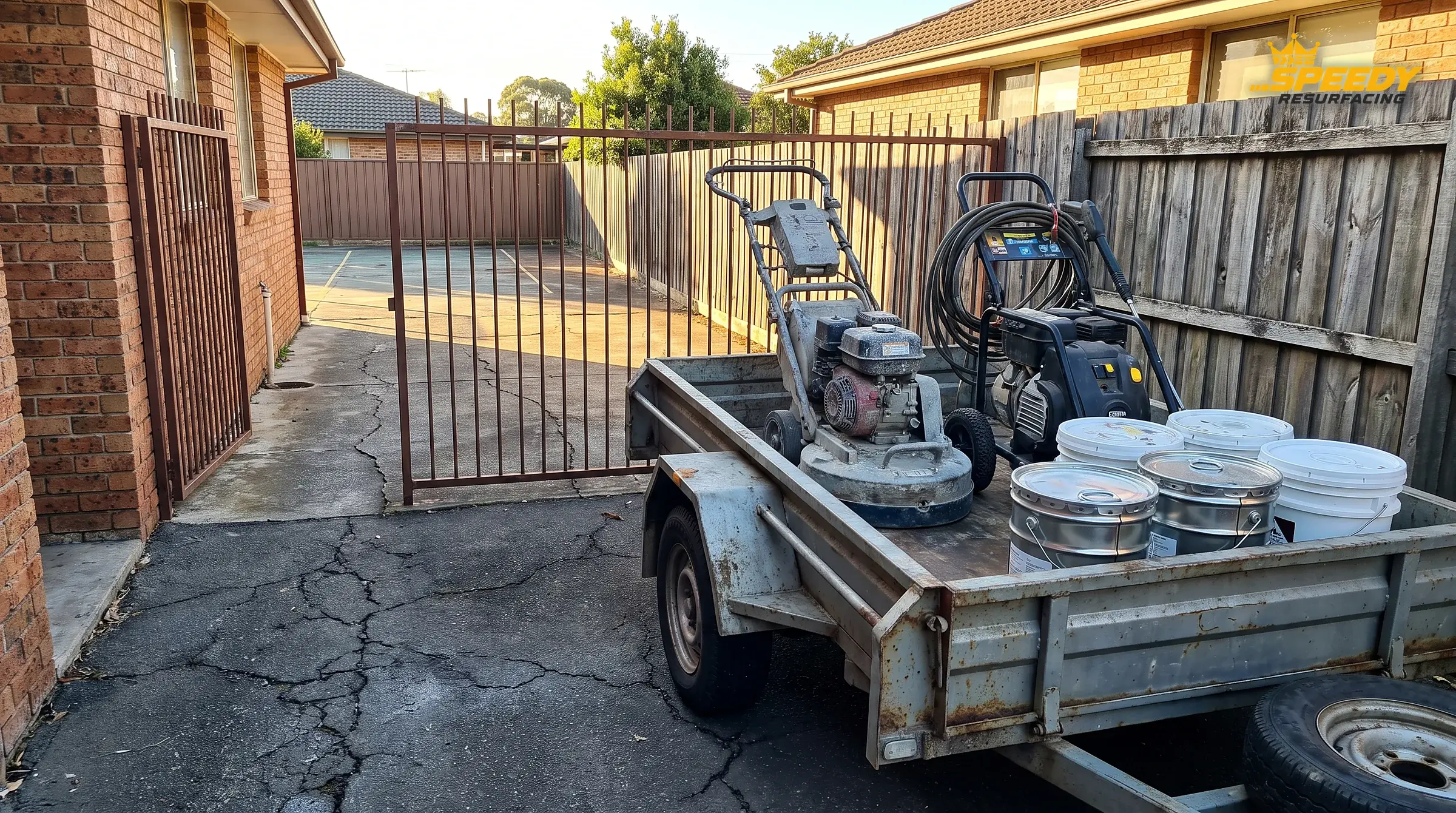 Merrylands logistics: grinder, washer and coating pails at a narrow side gate — access is confirmed before the scope is written.
